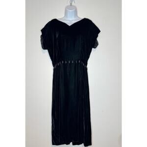 Vintage Womens Black Velvet Art Deco Dress Retro Union Label Dark Girly SIZE M/L